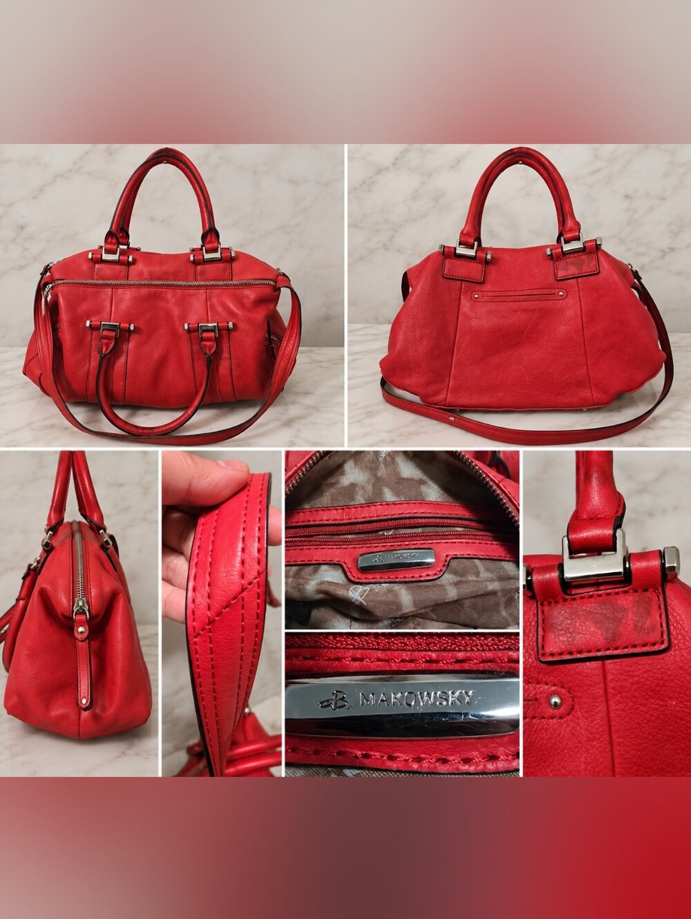 Makowsky Red Leather Satchel / Shoulder Bag